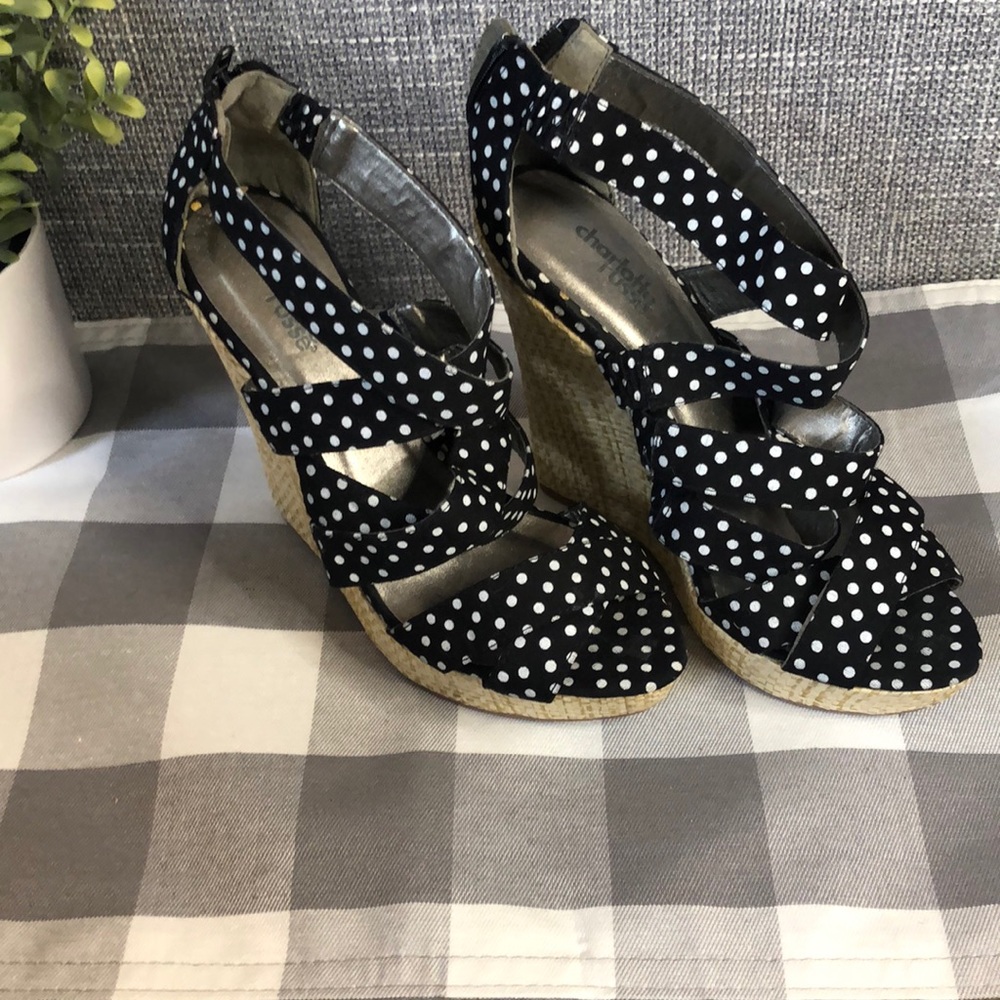 Never worn!  Black and white polka-dot wedges w/ 5” heel.